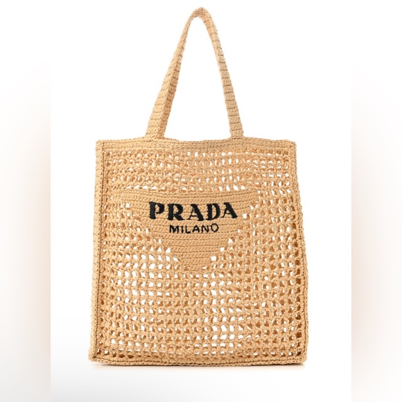New Prada Crochet Triangle Embroidered Raffia Tote Bag - Picture 1 of 16